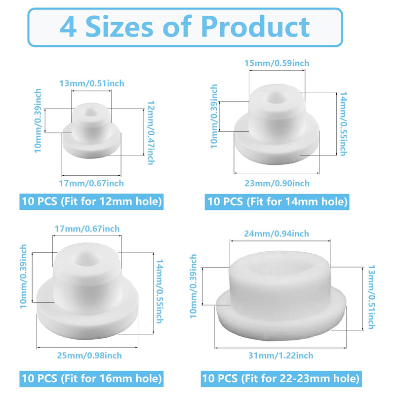 40 PCS Bathtub Jet Covers Silicone Hole Plug White Tube Plugs Waterproof 4 Sizes Bathtub Plug Fit for 12mm 14mm 16mm 22-23mm Bathtub Hole
