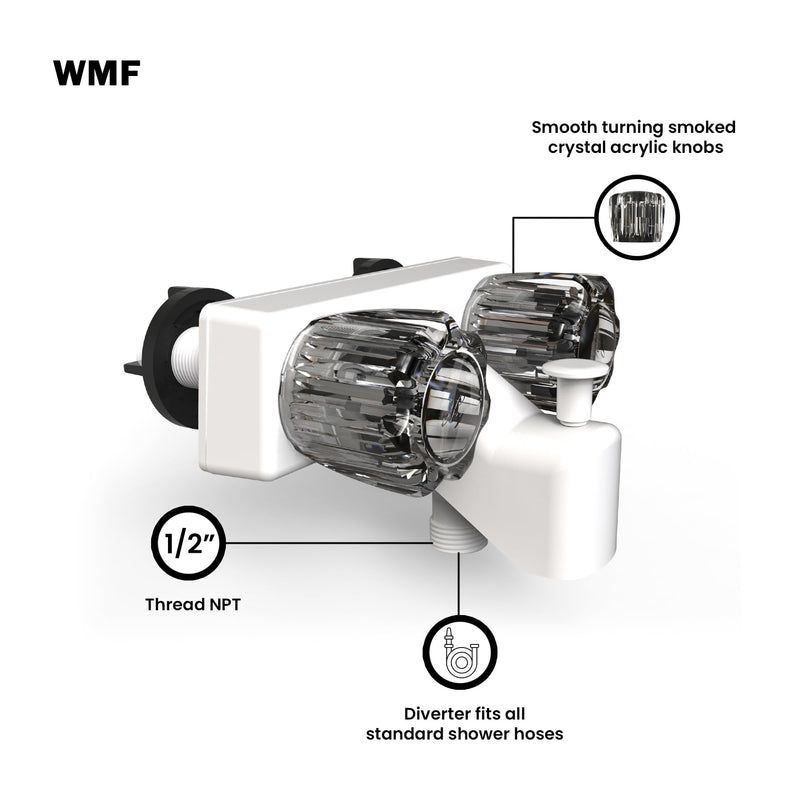 WMF Mobile Home RV Tub & Shower Faucet, Smoke Double Handles, 4" on Center, Non Metallic, for Travel Trailers, Campers Must Haves, Motorhomes Accessories, Farmhouse White
