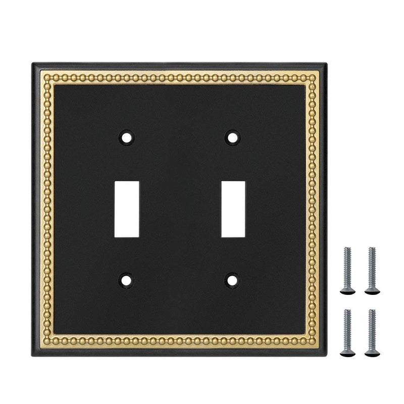 Pearled Frame Decorative Wall Plate Switch Plate Outlet Cover (Double Toggle, Black & Dark Golden) Double Toggle
