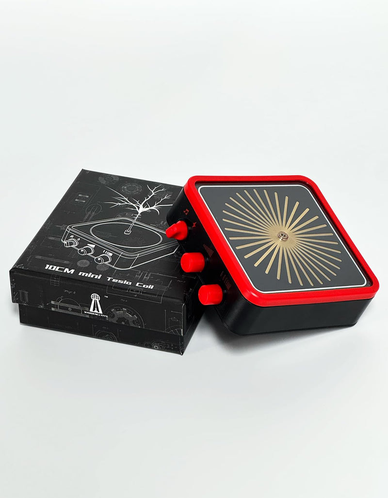 WARDENCLYFFE Tesla Coil 10MINI Red Compact Classic Tesla Coil, Dual-Knob Control, 10 cm(3.9 inches) Arc, High-Voltage Arc Display Top Red Border