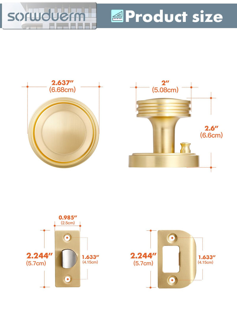 1 Pack Gold Door Knob Privacy Door Knobs Satin Brass Door Handle Interior Brushed Gold Door Knobs with Lock for Bedroom and Bathroom Zinc Alloy 1