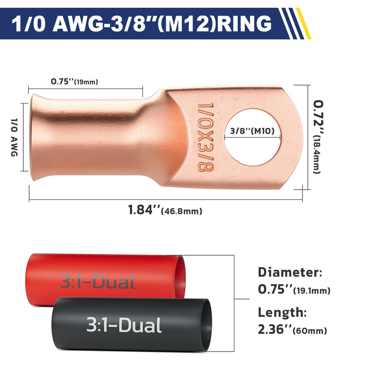 haisstronica 10pcs 1/0 AWG - 3/8"(M10) Battery Cable Lugs, Heavy Duty Copper Wire Lugs with 10pcs 3:1 Adhesive Heat Shrink Tubing, 1/0 Gauge Wire Lugs, Battery Terminal Connector, Battery Cable Ends 1/0 AWG- 3/8"(M10) Ring Bare Copper