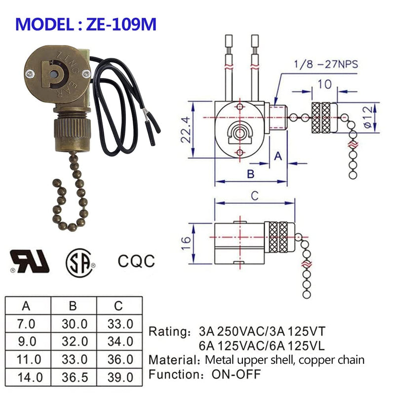 Ceiling Fan Light Switch ZE-109m Metal Pull Chain Switch,Two Wire Fan Switch For Ceiling Fan Light Fixture Replacement Parts- Bronze Antique Brass
