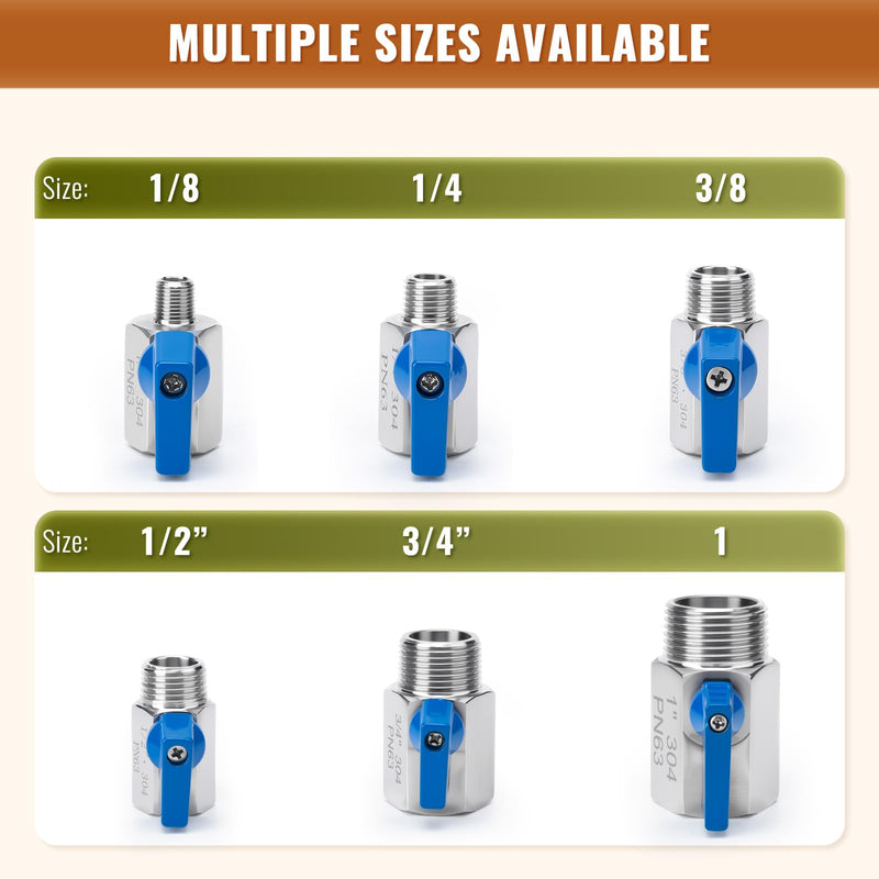 2 Pack 1/8" Mini Ball Valve, 304 Stainless Steel Valve NPT Female x Male Thread Shut-Off Valves for Small Compact Space (2, 1/8 Inch) 2