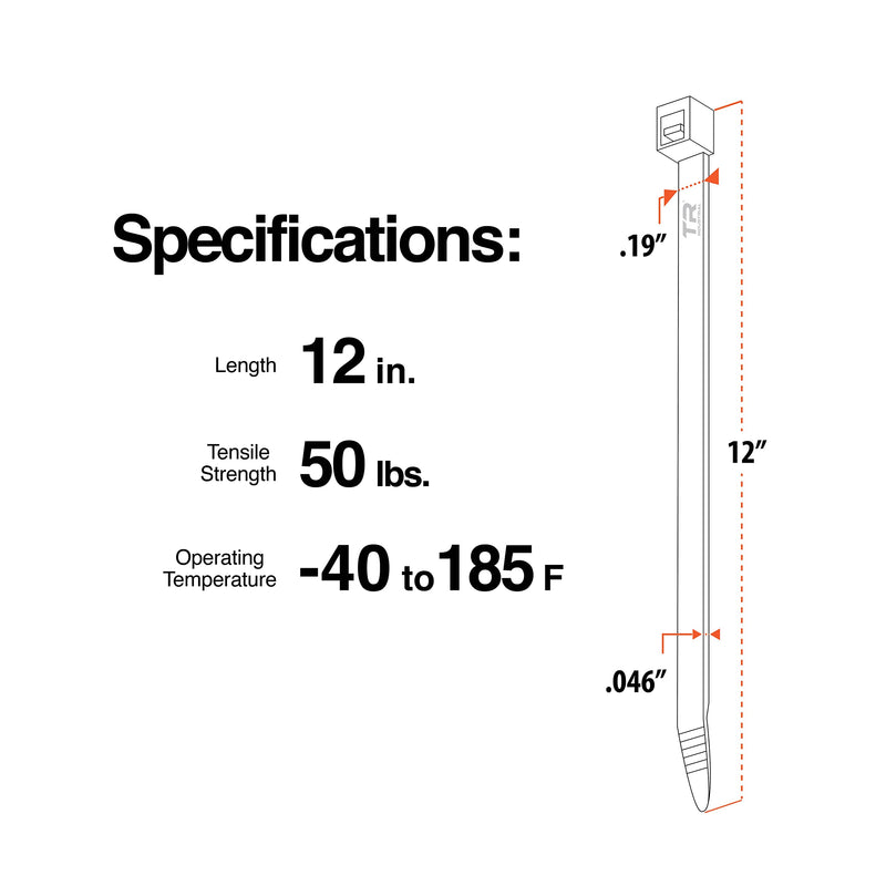TR Industrial Multi-Purpose UV Resistant Black Cable Ties, 12 inches, 100 Pack 12"