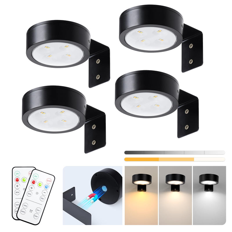 4-Pack Picture Light Battery Operated with Remote, Led Lights Dimmable and Timer Painting Light, Art Display Light for Picture Frame Artworking Portrait, Home Wall Decor Puck Lights, Black Black 4 Pack