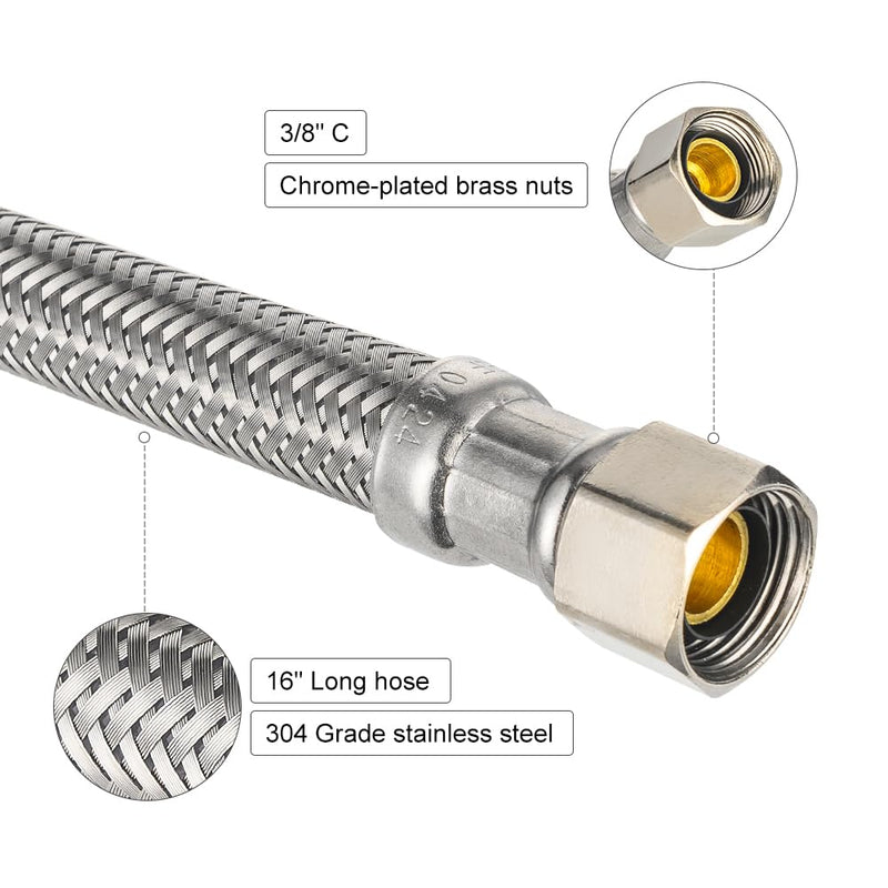 2-Pack EFIELD 16-inch Length Toilet Water Supply Connector Line, 7/8 Female Ballcock Thread x 3/8" COMP 16 Inch Pack of 2