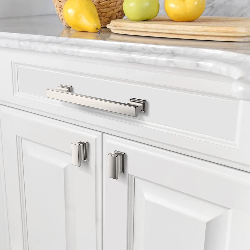Amerdeco 10 Pack Brushed Satin Nickel Cabinet Knobs 1.46 Inch(37mm) Single Hole Cabinet Handles Rectangle Dresser Knobs Drawer Knobs and Pulls for Bathroom Cabinets Knob