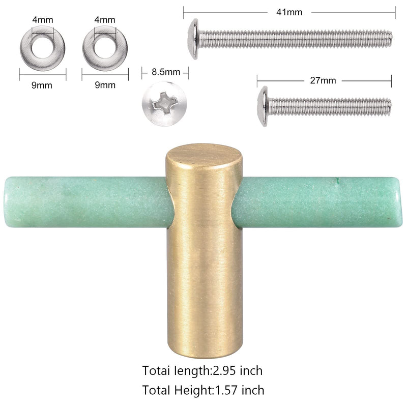 TUMBEELLUWA 2 Pcs Green Aventurine T Bar Cabinet Knobs for Dresser Closets | Smooth Surface, Solid Brass Base, 27mm & 41mm Stainless Steel Screws Fit Thin/Thick Panels, Home Decor, Housewarming Gift