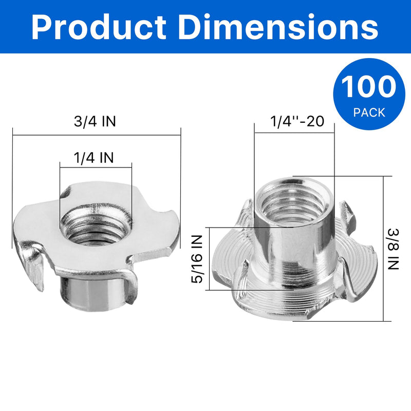 100 Pack 1/4"-20 T-nut, 304 Stainless Steel Threaded Insert, 4-Pronged Tee Nut for Wood,Rock Climbing Holds,Cabinetry,Furniture