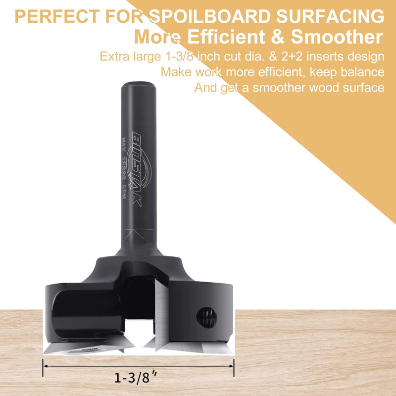 CNC Spoilboard Surfacing Router Bit 1/4" Shank, Slab Flattening Router Bit with 1-3/8" Cutting Diameter, 2+2 Flutes Insert Carbide Wood Planer Router Bits, Planing Bit for Woodworking Surfacing Bit 1/4" Shank-1-3/8" Cut Dia. (2+2 Inserts)