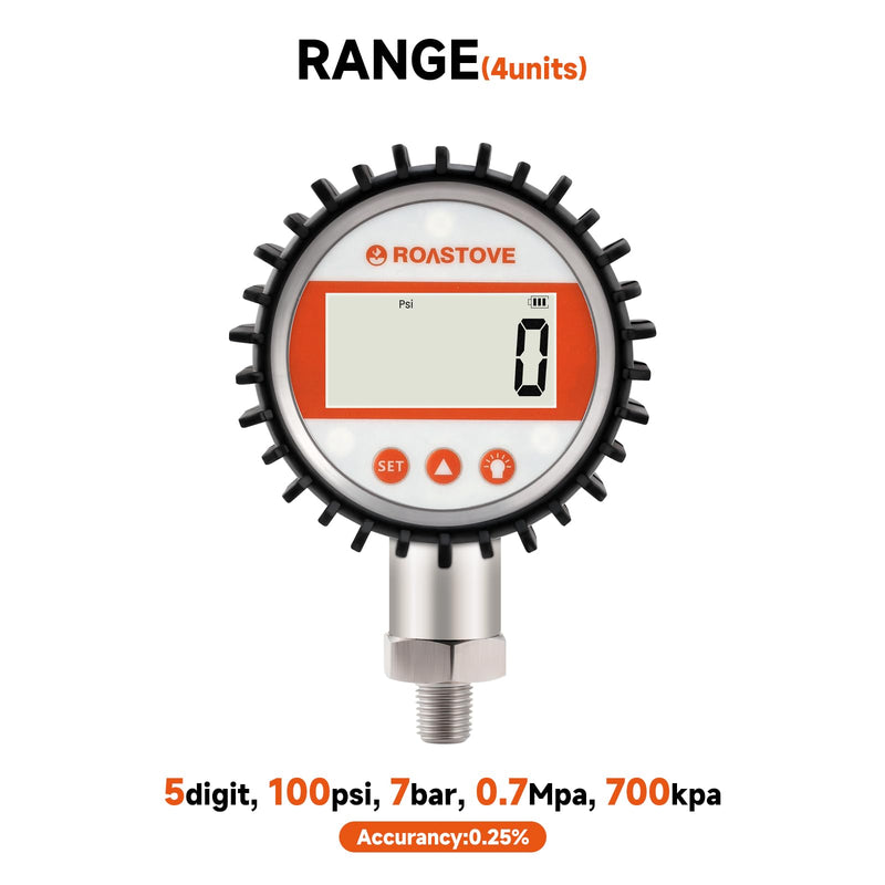 3-1/8" Dial Size, Digital Pressure Gauge, 0-100psi/bar/Mpa/Kpa, 1/4" NPT Lower Mount, 0.25% Accuracy 3-1/8",0-100PSI