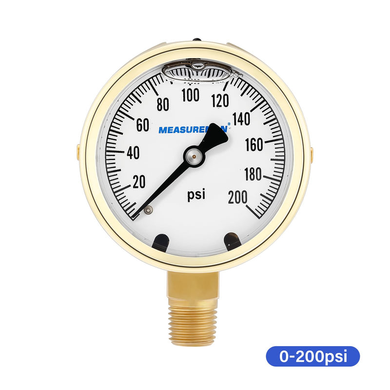MEASUREMAN Fully Brass Hydraulic Glycerin-Filled Pressure Gauge, 2-1/2” Dial, 1/4” NPT Lower Mount, 0-200 PSI/KPA, for Measuring Non-Corrosive Gas and Liquid Pressure