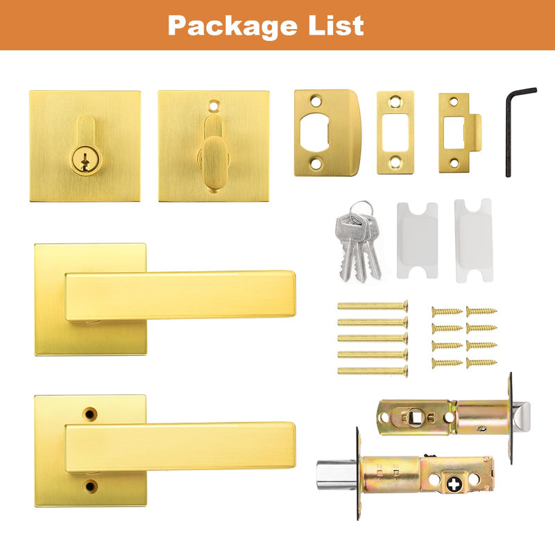 Probrico Keyed Alike Brushed Gold Exterior Door Locksets Square, Satin Brass Front Door Passage Handle and Single Cylinder Deadbolt Set, 1Pack 1