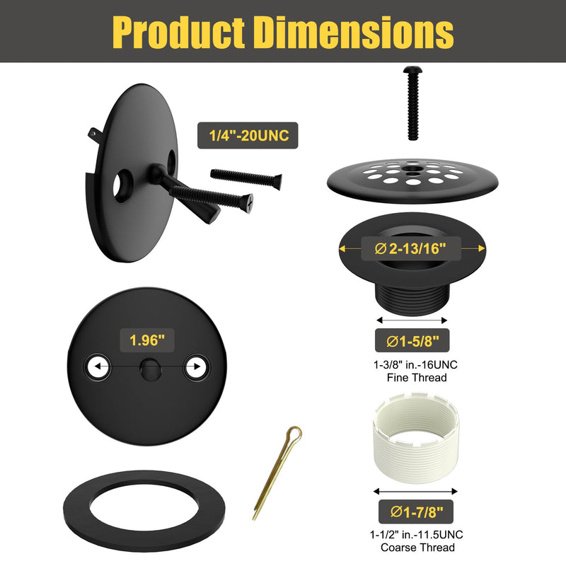 Trip Lever Tub Drain Kit, Bathtub Drains Stopper Replacement Set with Trip Lever Overflow Faceplate, Strainer, No Putty Gasket and Matching Screws (Matte Black) Black Kits
