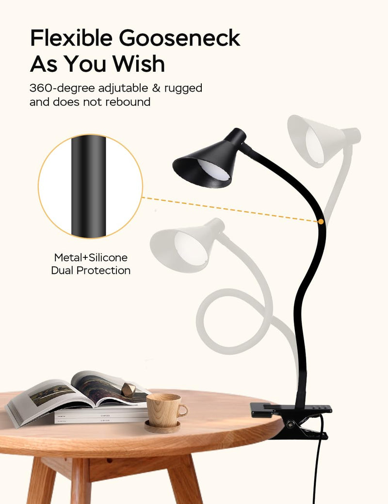 Clip on Light USB Reading Light 3 Color Modes 10 Brightness Levels Eye Care Clamp Light Flexible Gooseneck Dimmable Reading Lamp Clip on Lamp for Bed Headboard Desk Bedside Dorm (Black) Black