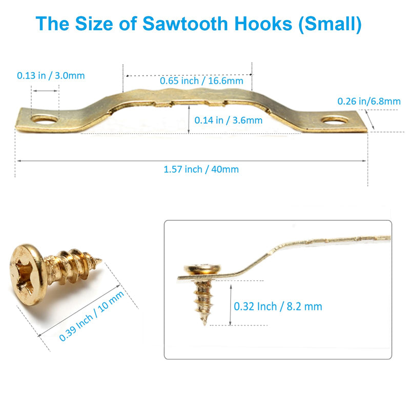 YHYZ Sawtooth Picture Hangers Bulk (Small ), 30pcs Gold Sawtooth Hangers / Hooks with 60pcs Screws, for Picture Frame Painting Photos Artwork Clock Home Decoration (30 Sets, Small) GD-30
