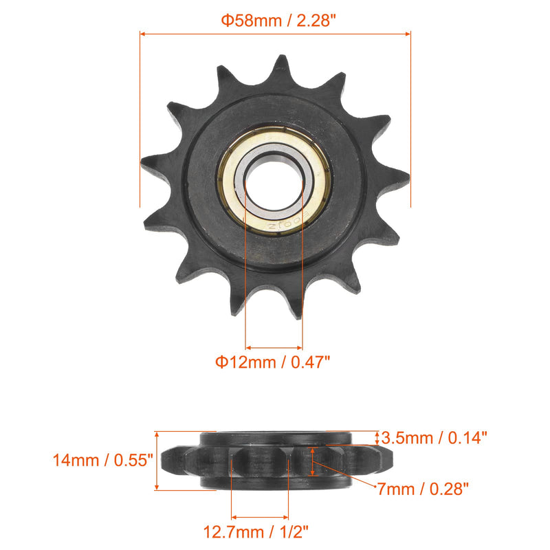 uxcell #40 Chain Idler Sprocket, 12mm Bore 1/2" Pitch 13 Tooth Tensioner, Black Oxide Finished C45 Carbon Steel with Insert Single Bearing for ISO 08A Chains 58mm
