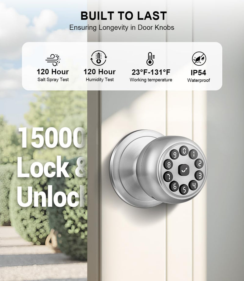 Smart Keypad Door Lock with Handle, Smart Door knobs with Lock, Auto Door Lock with Code and App, Keyless Entry Door Knob for Bedroom, Front Door, Smart Home, Apartment, Local Data Storage Silver