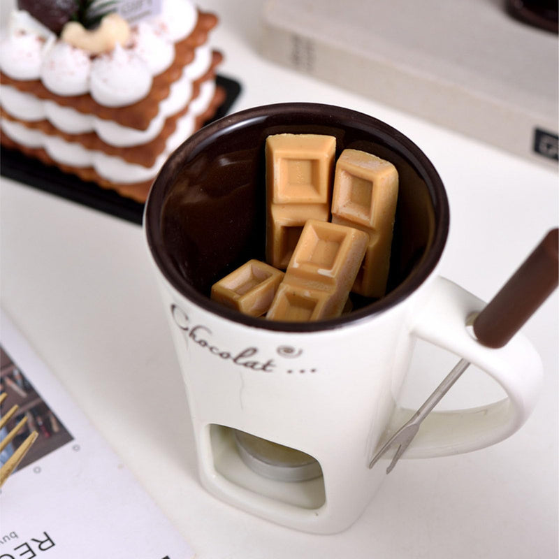 Chocolate Fondue Mug, Premium Ceramic Tealight Candle Heated Melting Cup with Fork for Dessert Parties Romantic Dinners Family Gatherings White 4.7 Inches