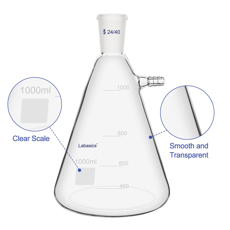Labasics 1000 ml Filtering Flask with 24/40 Standard Taper Joint, High Borosilicate Glass Filter Flask, Bolt Neck with Tubulation, 9 mm Hose Interface