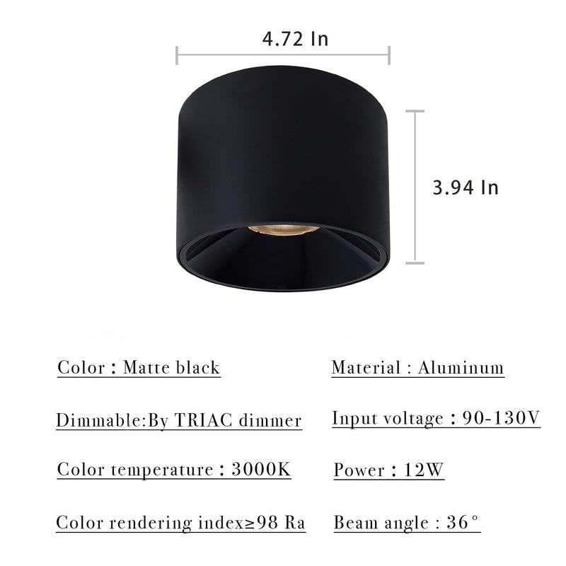 LED Dimmable Ceiling Spot Light Aluminum Matte Black 4.72'' Cylinder Spotlight Indoor Modern Minimalist Focus Ceiling Down Light Fixture for Living Room Hallway Foyer CRI 98 12W 3000K Round-12W-Dimmable