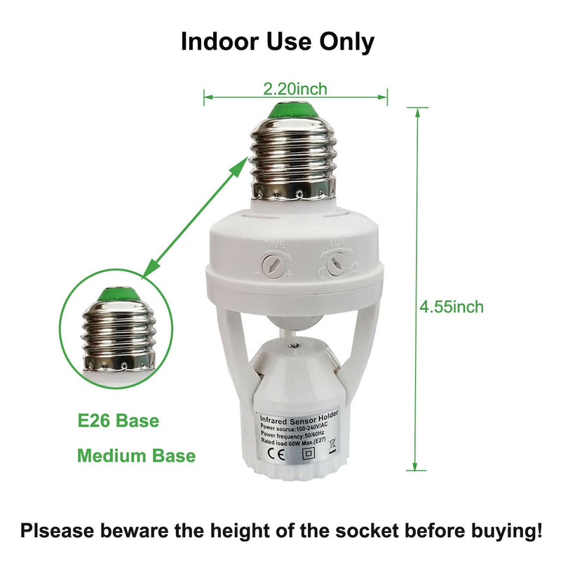 PIR Motion Sensor Light Socket,E26/E27 Smart Lamp Bulb Holder Adapter Auto On/Off Light Control Suitable for Garage Basement Porch Storage Room Indoor Use Only