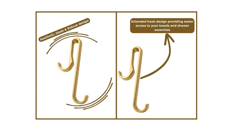 Universal Shower Hooks for Glass (6–10mm) - Extended 6” Hanging Hooks for Frameless Shower Doors, Frameless & Framed Shower Walls - Double Sided Hooks for Towels, Robes and Bathroom Accessories (Gold) Gold