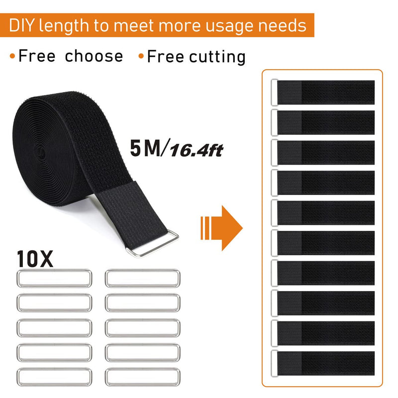 2"x16ft Reusable Cinch Strap with 10 Metal Buckles, Cut-to-Length Fastening Securing Straps, Adjustable Nylon Cable Straps and Cord Ties for Organizer or Storage, 2 inch Wide, Black 2in x16ft