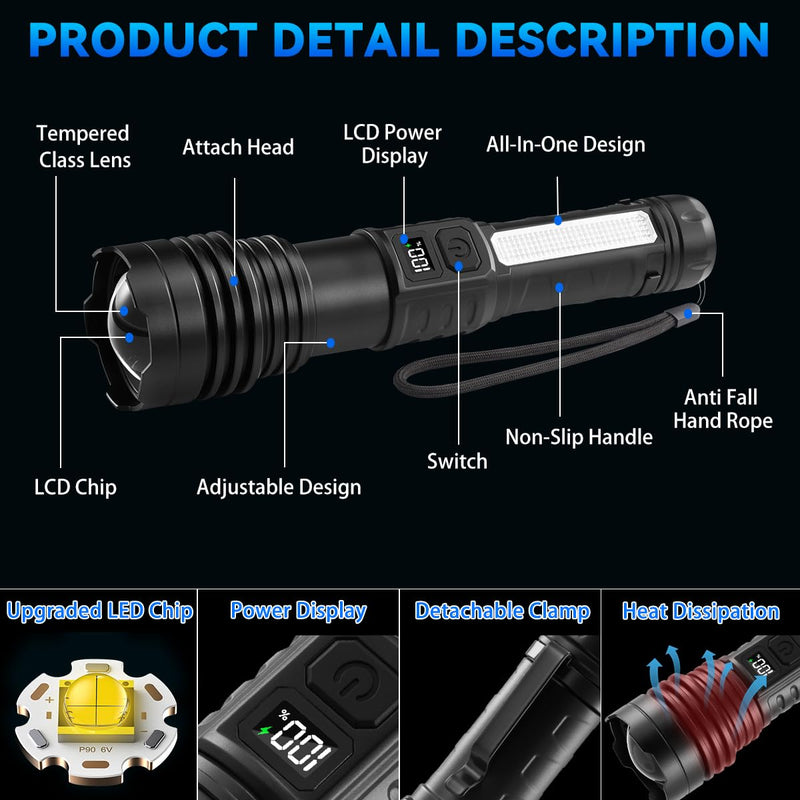 4Pack Flashlights High Lumens 9900FL, 7Mode Flashlight Rechargeable with LCD Digital Display, Rechargeable Flashlights with COB Light, Adjustable Super Bright Flashlight, Powerful Tactical Flash Light 4Pack