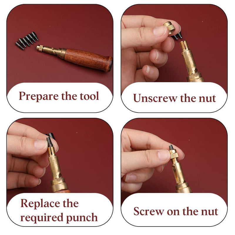 Adjustable Leather Hole Punching Tool Automatic Puncher with Wooden Handle Hollow Hole Punch with 6 Tips Size (1.5mm/2mm/2.5mm/3mm/3.5mm/4mm) for Leather Belt, Bag, Wristband Red brown