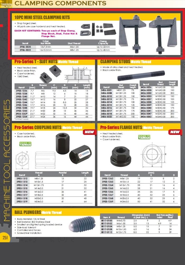 HHIP 3906-0322 10 Piece 16mm T-Slot Mini Clamping Set 10.5mm T-Slot ( M8 x 1.25 Thread) 10 Pc. Set
