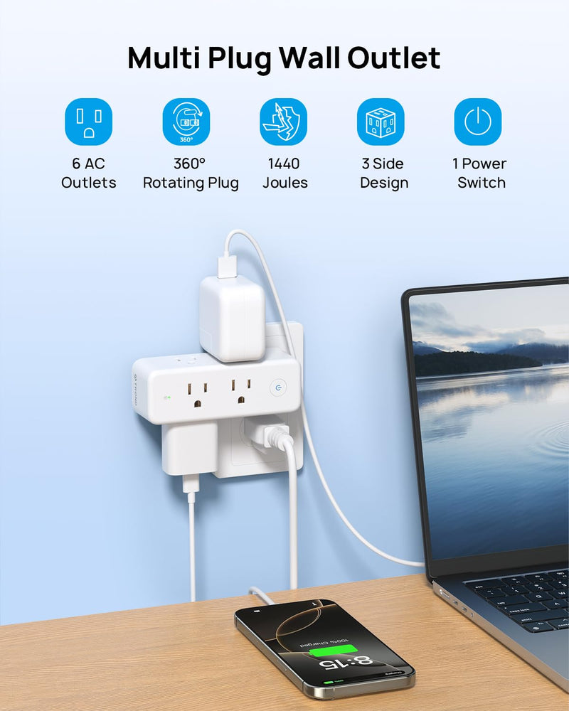 TROND Outlet Extender Surge Protector, 6 AC Outlet Splitter with 360° Rotating Plug, 1440J, 3-Sided Swivel Wall Plug Adapter with Power Switch, Multi Plug Expander for Home Office Travel 6AC White