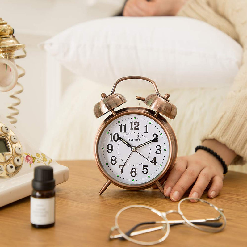 {Loud Alarm for Deep Sleepers) 4'' Twin Bell Alarm Clock with Backlight for Bedroom and Home Decoration(Red-Brown) Red-brown