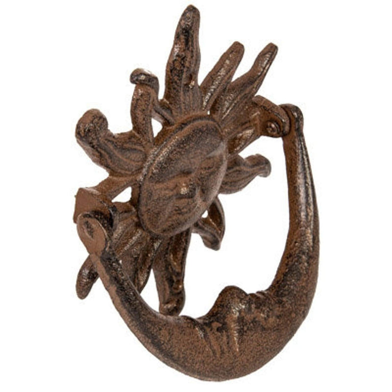 Sun and Moon Front Door Knocker Cast Iron Rustic, Brown