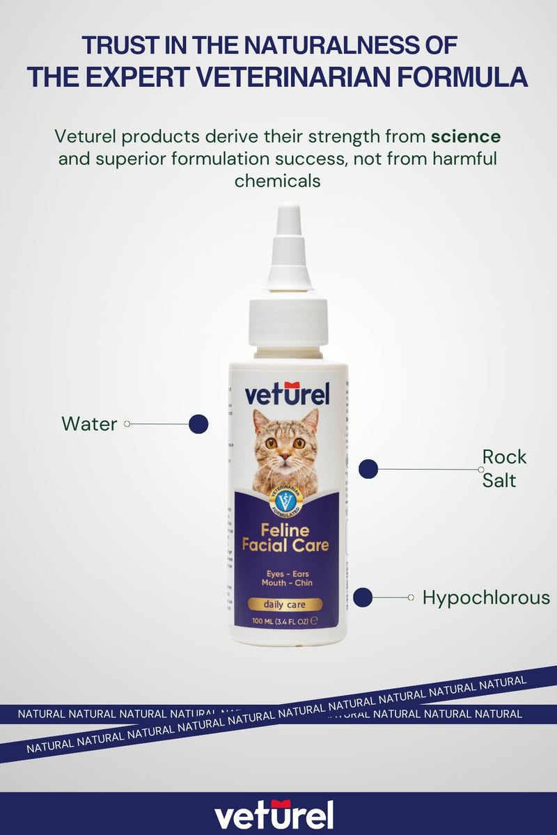 Veturel Natural Feline Facial Care - Cat Tear Stains Remover - Cat Acne - May Help with Cat Chin Acne - Cat Chin Blackheads - Gentle Ear and Eye Care - May Soothe Skin - 3.4 oz.