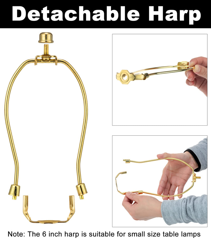 Lamp Harp 6 Inch, 2 Set Detachable Lamp Shade Harp for Table and Floor Lamps, Heavy Duty Lamp Brackets with 3/8 Standard Saddle and Lamp Finial (Polished Brass) Polished Brass