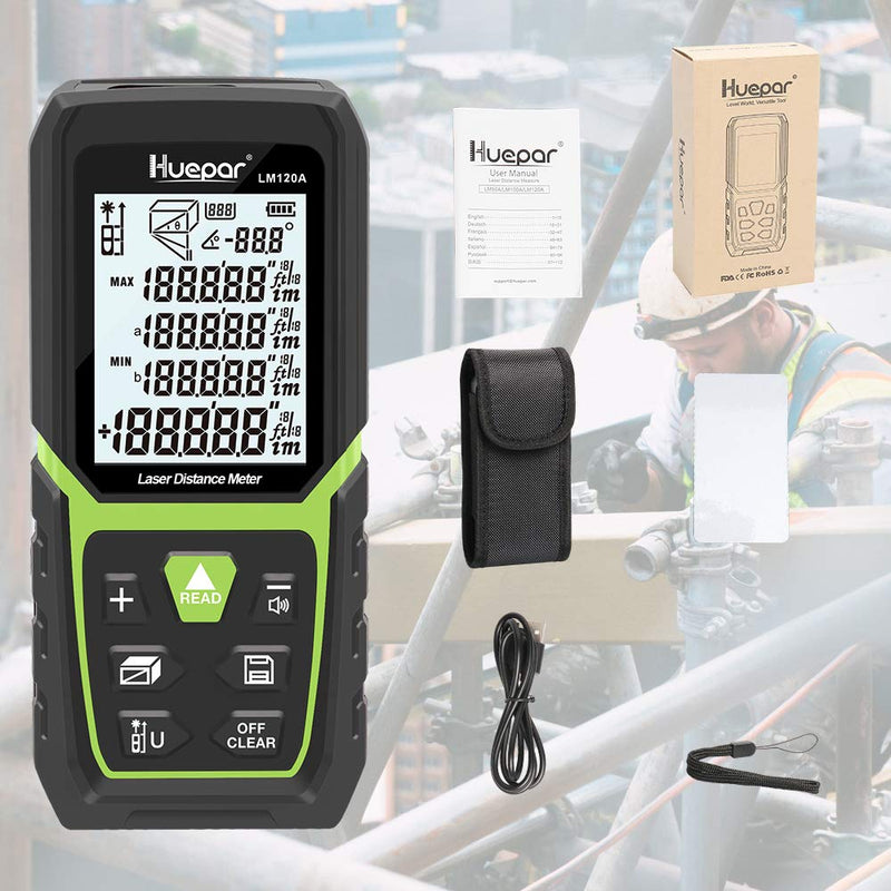 Huepar Laser Distance Meter 393Ft with Li-ion Battery & Electric Angle Sensor, Backlit LCD Laser Measure M/in/Ft with High Accuracy Multi-Measurement Modes, Pythagorean, Distance, Area&Volume 393Ft. Single Red Laser Measure LM120