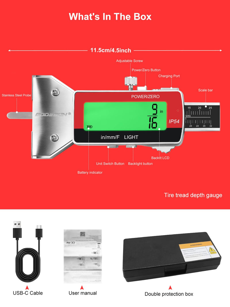 GODESON Tire Tread Depth Gauge,Rechargeable Digital Tire Depth Gauge - USB-C,3-Unit Switch (mm/Decimal/Fraction Inch), Backlit LCD Display, Auto Power Off, 0-32NDS for Car/SUV/Truck Wear Measurement
