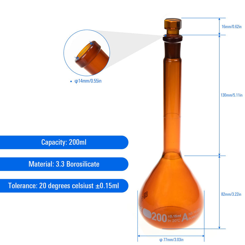 ALWSCI 2PCS 200ML Volumetric Flask, Class A, Glass Stopper for Laboratory | 3.3 borosilicate amber glass,Tolerance±0.15ml,NS14/23,ASTM-E288,autoclavable,chemical durable 200ml Amber Volumetric Flask