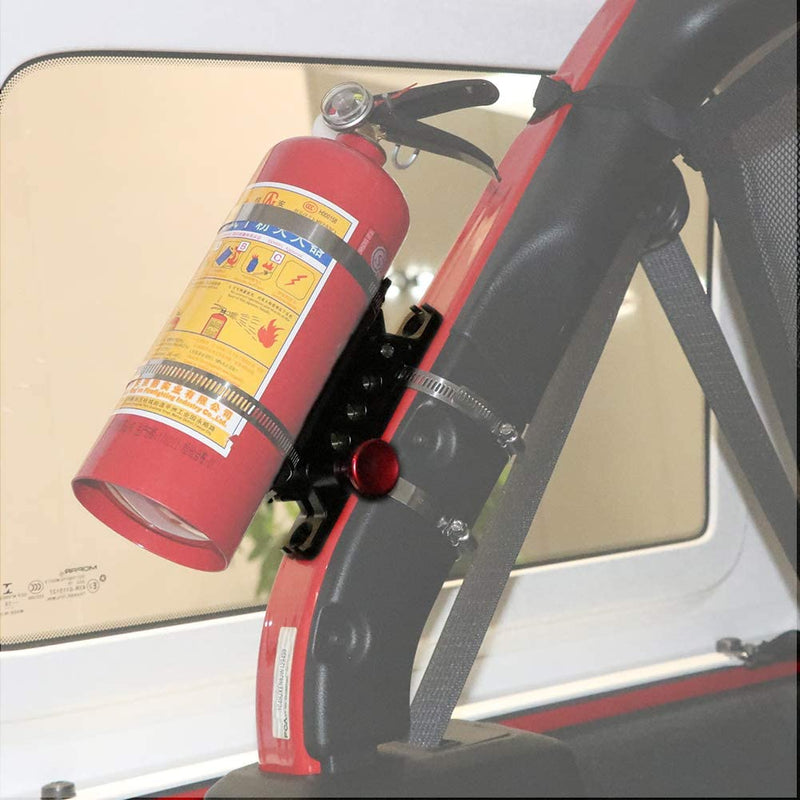 Bestaoo Adjustable Roll Bar Fire Extinguisher Mount Holder for Jeep Wrangler TJ JK JKU JL UTV Polaris RZR Ranger Camper Van, Aluminum, Quick Release Black