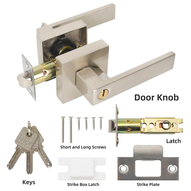 Entrance Lever Door Handle , Square Door Lever for Bedroom or Office, Passage Door Privacy Locking Interior/Exterior Entry Door Knob Silver