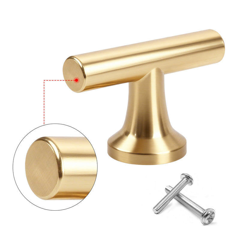 Premium Brushed Satin Gold T-Bar Drawer Pulls 6 Pack, Matte Anti-Fingerprint Solid Zinc Alloy for Kitchen, Bathroom Vanity, Dresser, Wardrobe Matte Brushed Gold