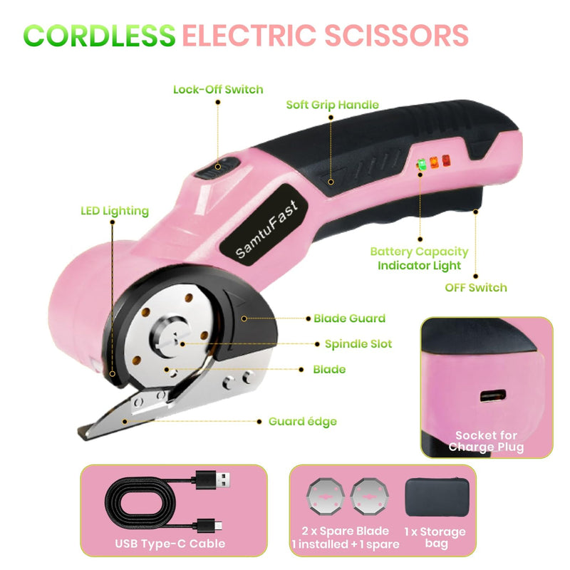 Cordless Electric Scissors, 4V Rechargeable Box Cutter Electric with Storage Box, 2 Blades, USB Charging Cable, Cardboard Cutter Electric for Cardboard Plastic Fabric Leather Carpet (Pink)