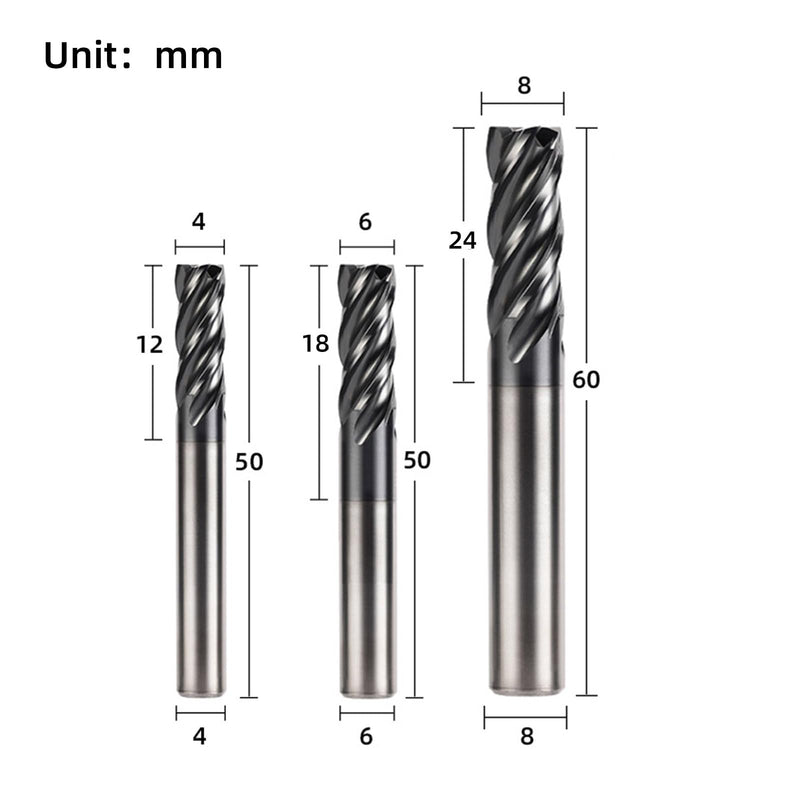 3pcs 4mm 6mm 8mm Carbide Square End Mill 4 Flutes for Stainless Steel D4~D8