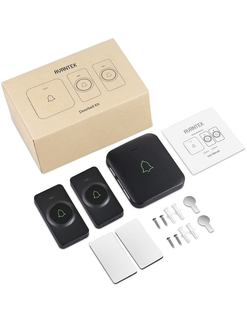 AVANTEK Wireless Door Bell, CB-21 Mini Waterproof Wireless Doorbell Operating at Over 1000 Feet, 2 Remote Buttons Can Have Different Tones, 52 Melodies, CD Quality Sound and LED Flash 2 Transmitters Black
