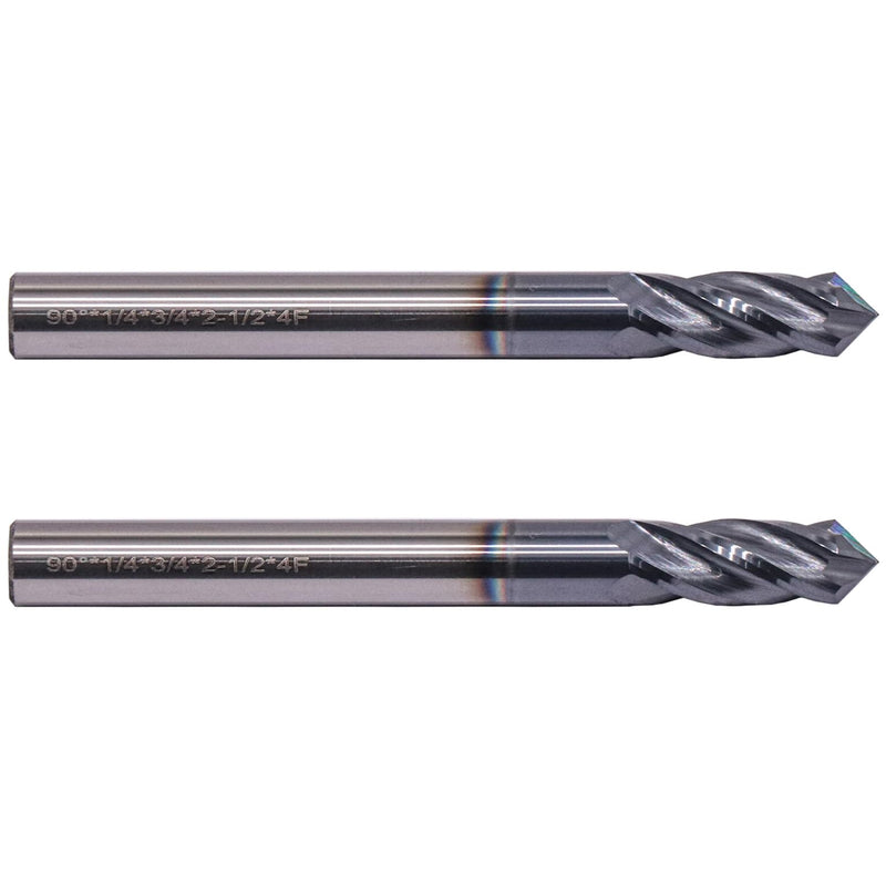 BestParts 2Pcs 1/4" 4-Flute 90 Degree Solid Carbide Drill Mill - AlTiN Coated, 90° Included Angle, 4 Flute, 1/4" Cutting Diameter, 1/4 inch Shank Diameter, 3/4" Length of Cut, 2-1/2" Overall Length 1/4 in