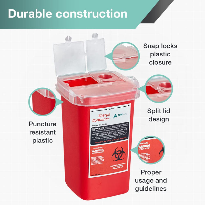 AdirMed Sharps Disposal Container with Flip Open Lid - Biohazard and Syringe Disposal Container - Ideal for Home, Clinic, Office, Barber Use with Flip-Open - (1 Quart, 6-Pack) 1 Quart 32 Fl Oz (Pack of 6)