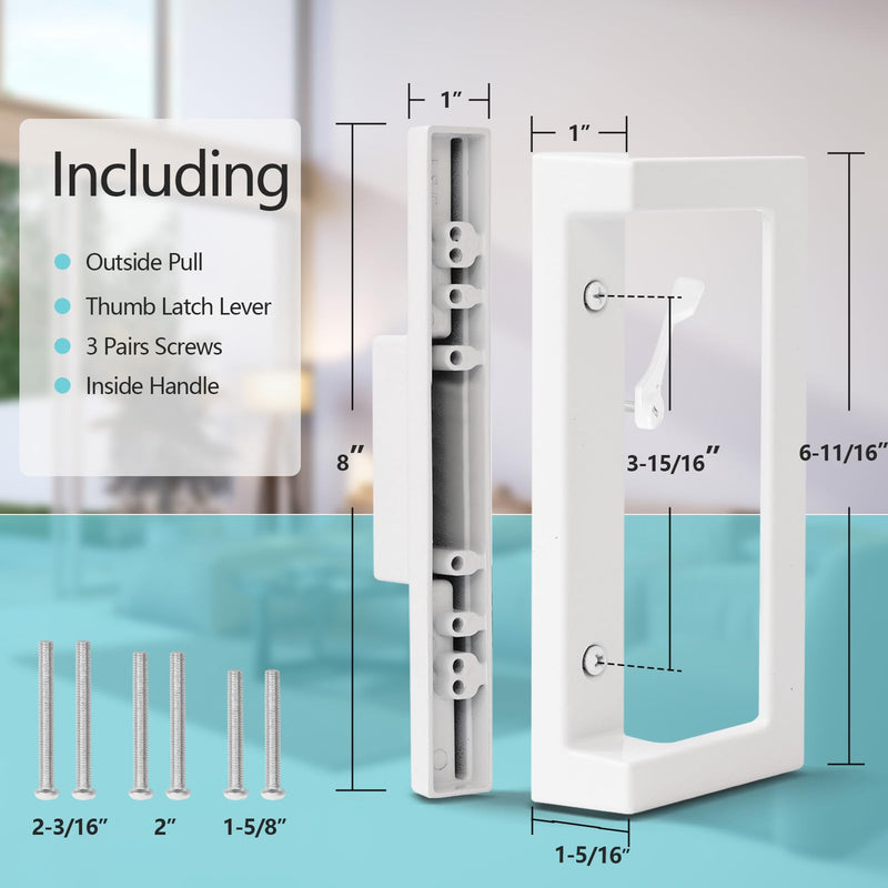 Sliding Door Handle Replacement, Reversible Keyless Sliding Patio Door Handle Fits Door Thicknesse is 1-3/4'' to 2-1/5'' and 3-15/16'' Screw Hole Spacing. White Handles Only
