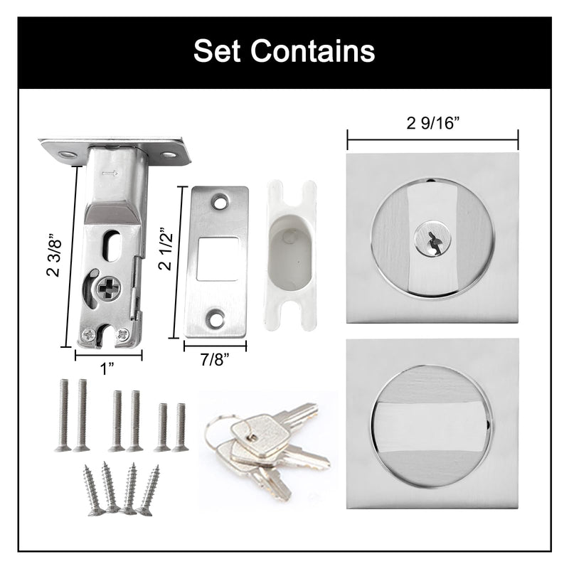 Pocket Door Lock with Key,Privacy Door Hardware Suitable for Bathroom Bedroom etc Recessed 2 Sided, 2 3/8" Backset, Invisible Hardware for 1 3/8” to 2 3/16” Thickness Door (Sliver) Sliver